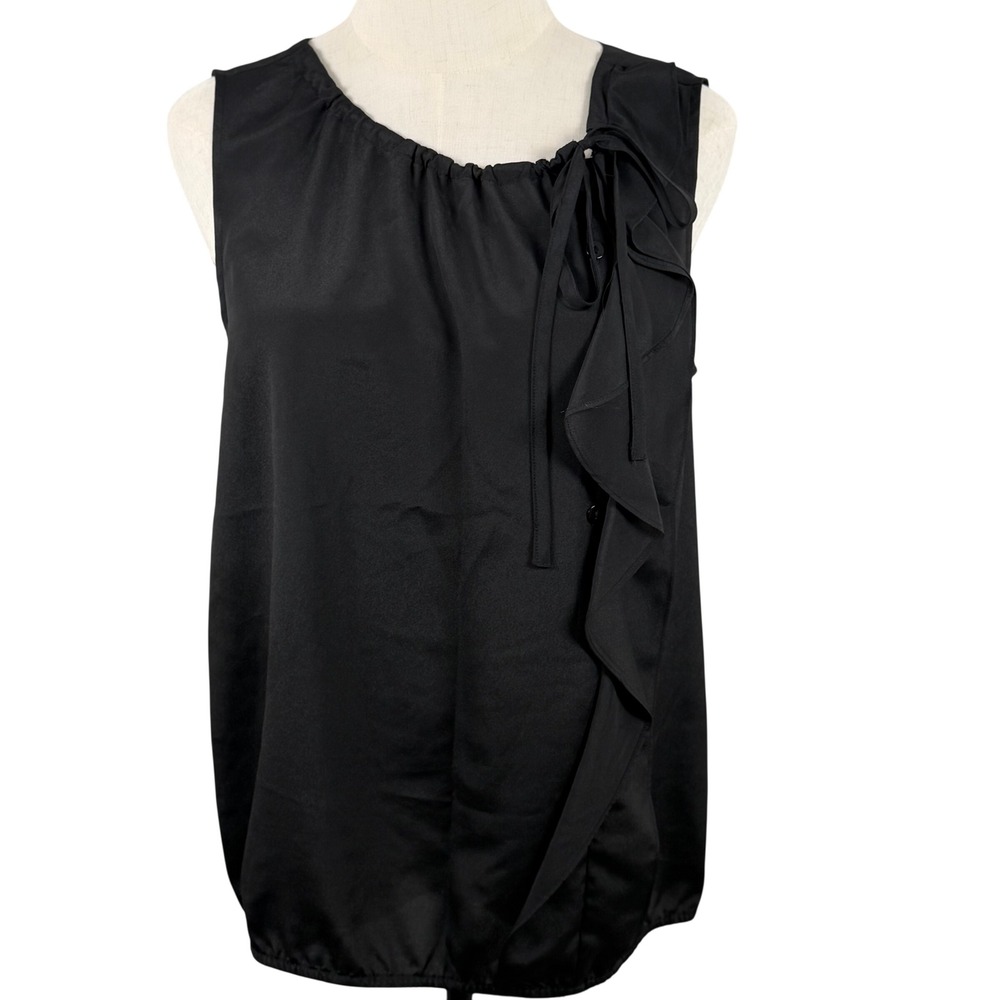 Ann Taylor LOFT Womens Medium Blouse Black Ruffle Tie Neck Sleeveless Bubble Hem